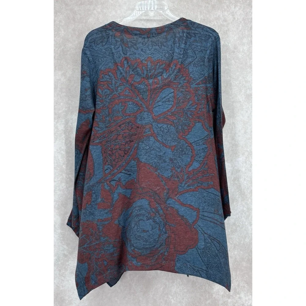 Soft Surroundings Tunic XL Blue Burgundy Floral‎ Handkerchief Hem Stretch Top